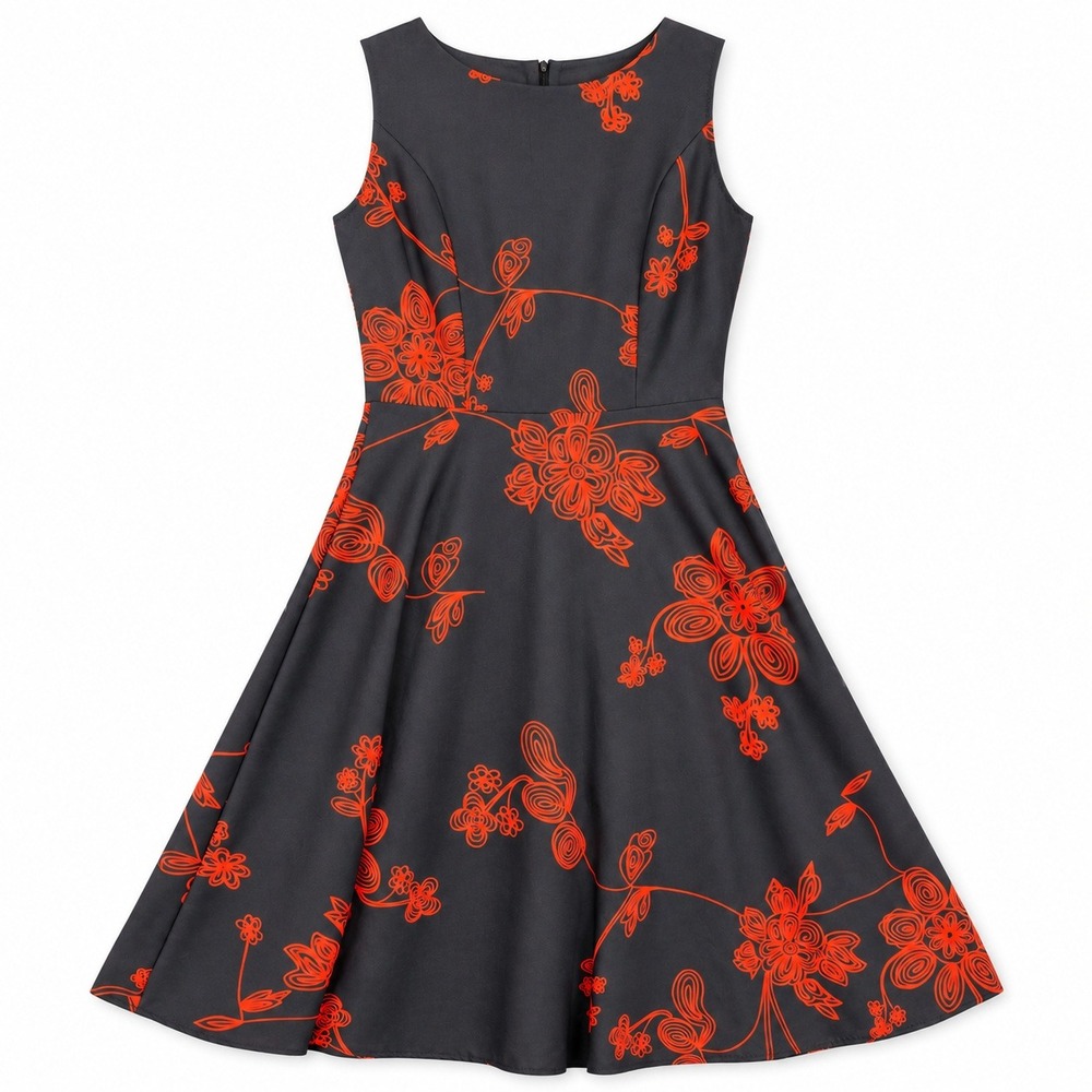 New Light Fashion Womens Black Orange Floral Embroidered A-Line Midi Dress S